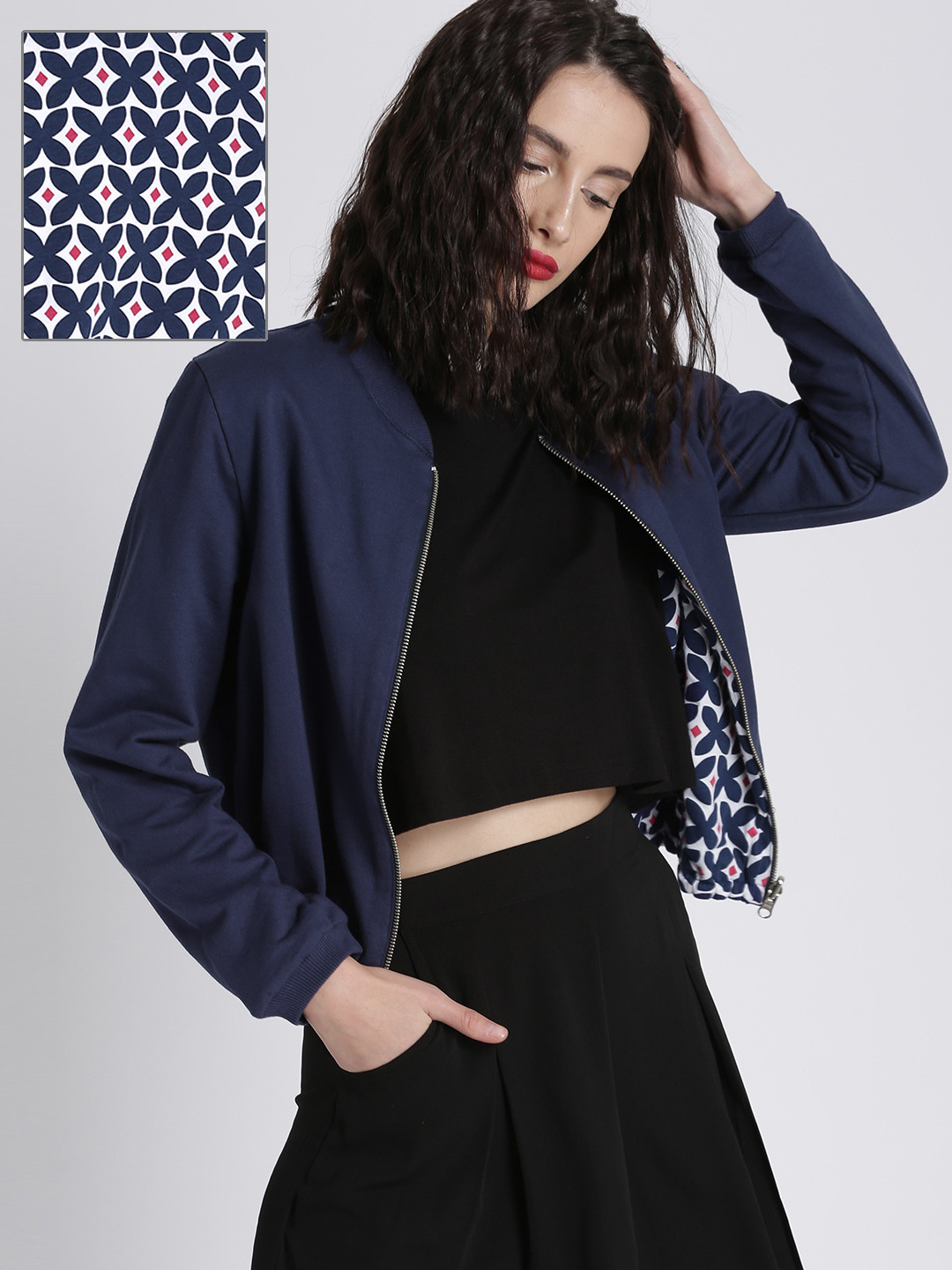 Buy Chemistry Women Blue Printed Reversible Bomber - Jackets for Women 2005823 | Myntra