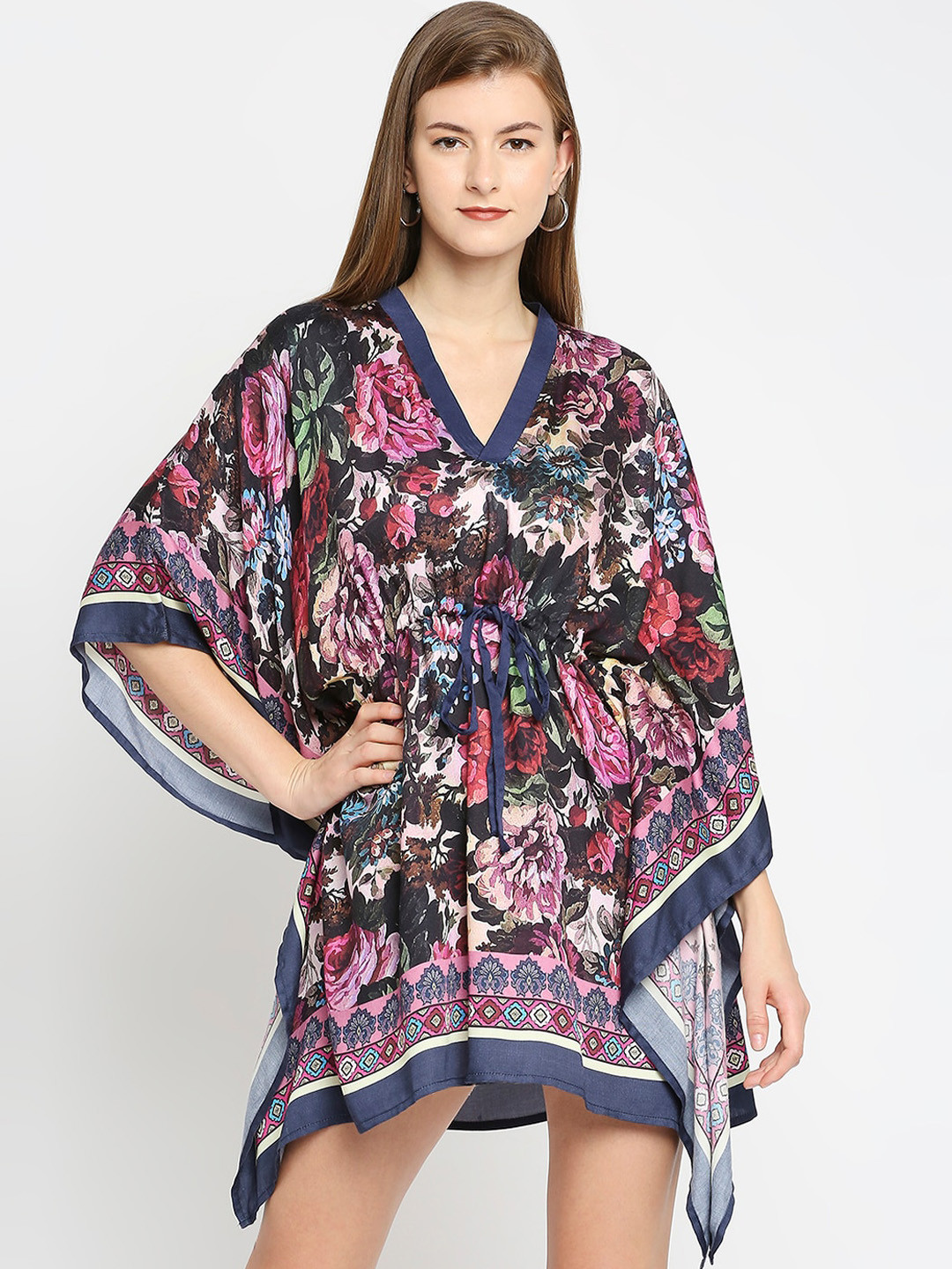 Buy Cloth Haus India Navy Blue & Pink Floral Satin Kaftan Dress