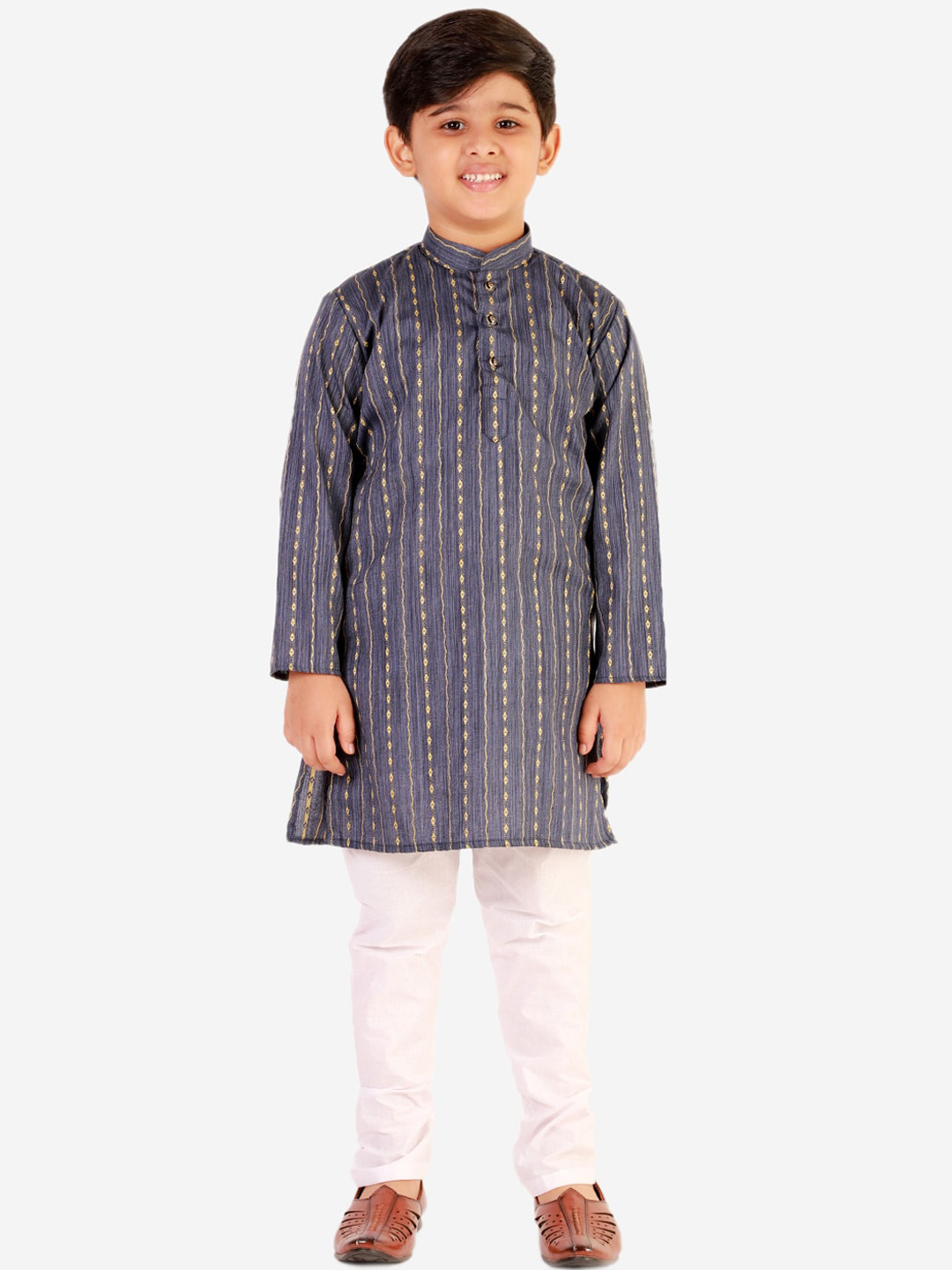 Men Navy Blue Printed Pure Cotton Kurta with Churidar
