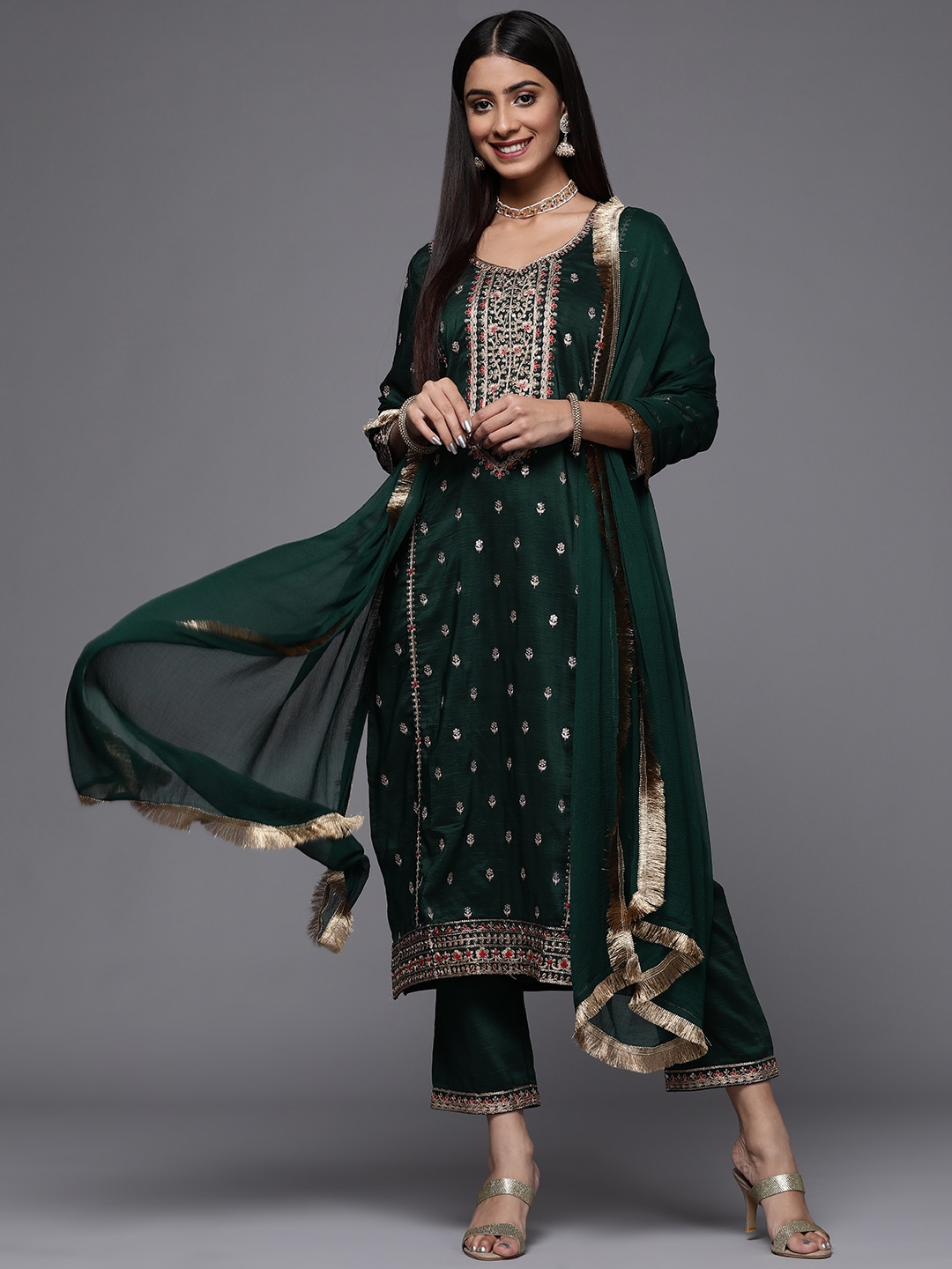 Varanga Women Ethnic Motifs Embroidered Kurta With Trousers & With Dupatta - Kurta Sets for Women 20068128 | Myntra