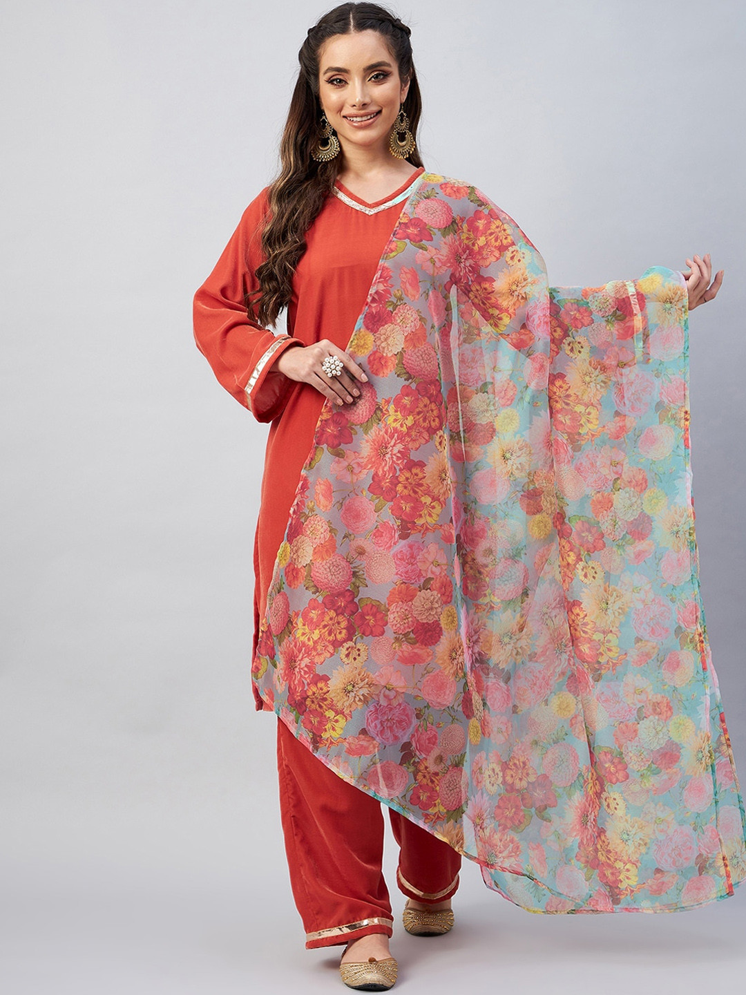 Rust Printed Velvet Straight Kurta