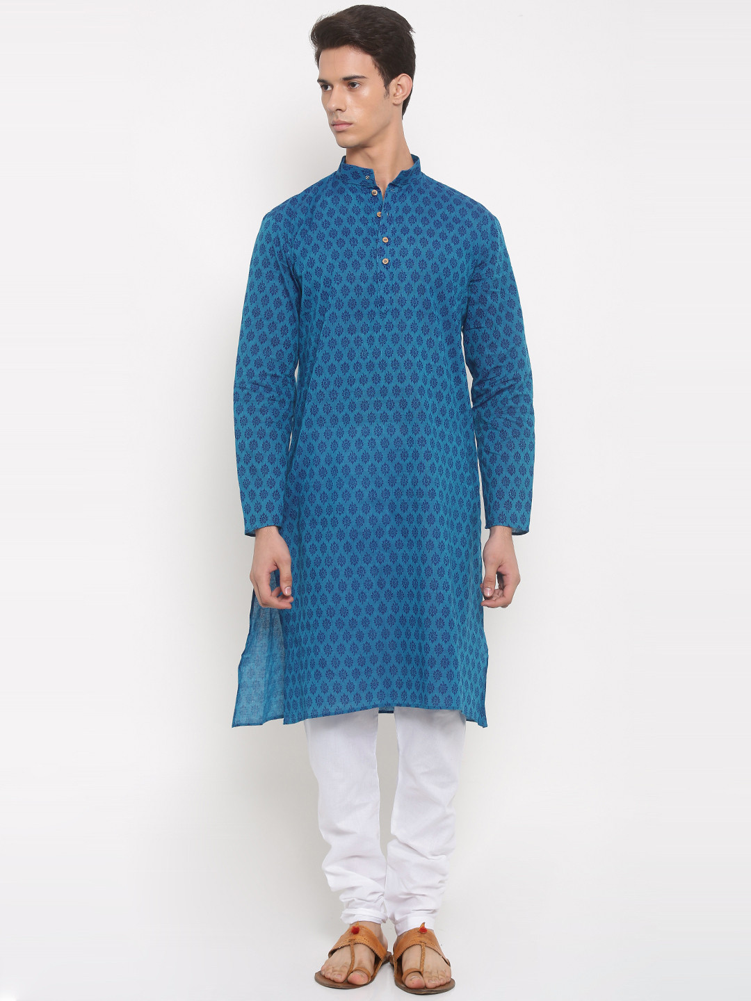 Buy RG DESIGNERS Men Blue & White Printed Kurta With Pyjamas - Kurta ...