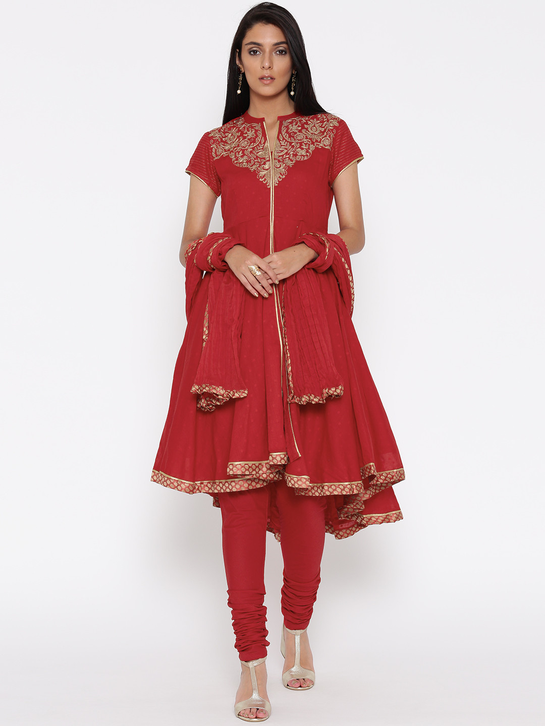 Buy Biba Women Red Self Design Anarkali Kurta With Churidar & Dupatta