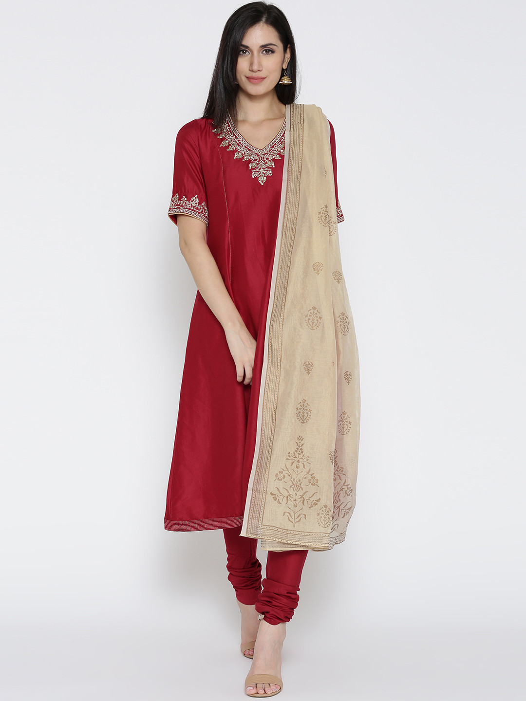 Buy Biba Women Red Solid A Line Kurta With Churidar & Dupatta Kurta