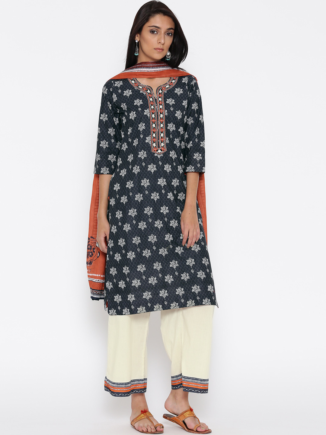 Buy Biba Women Charcoal Grey & Cream Coloured Printed Kurta With