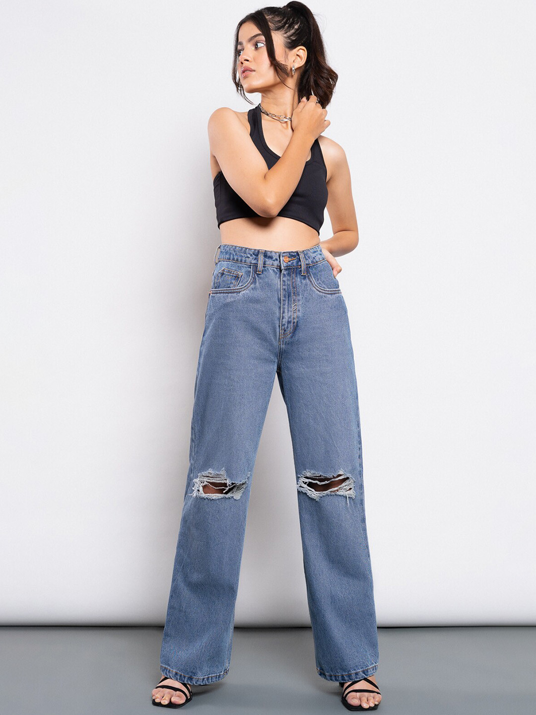 Women's Blue Comfort Wide Leg Slash Knee Heavy Fade Acid Wash Jeans