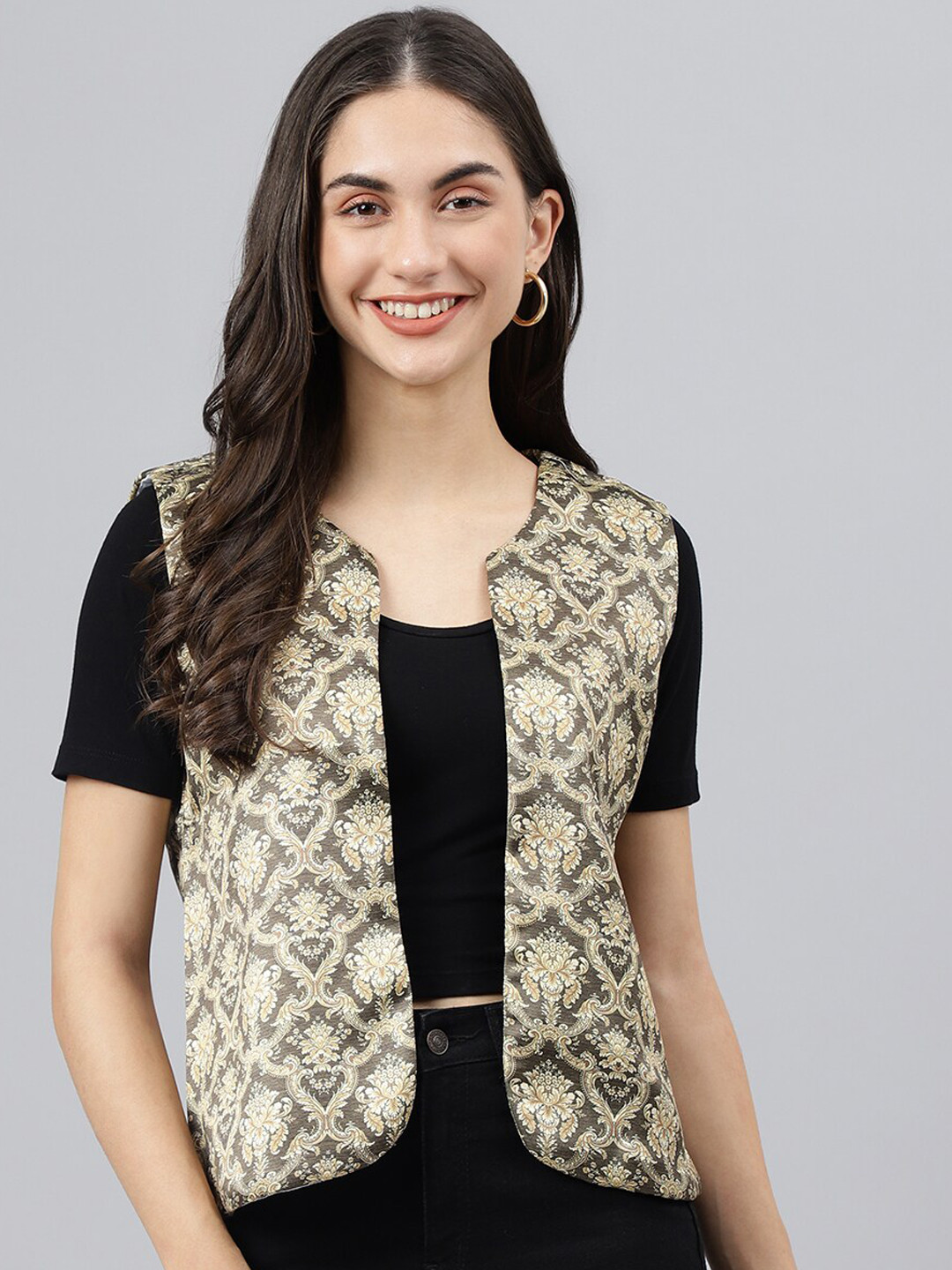 Buy Hangup Women Olive Green & Cream Floral Lightweight Open Front