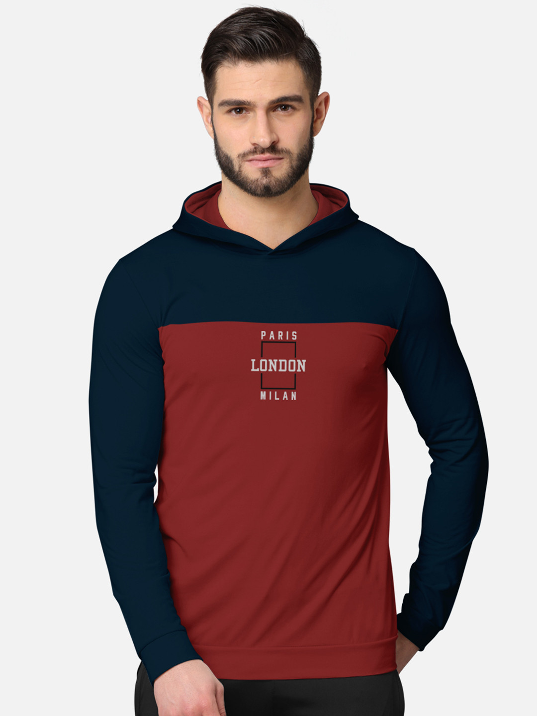 Buy BULLMER Men Navy Blue Printed Cotton Hooded Sweatshirt