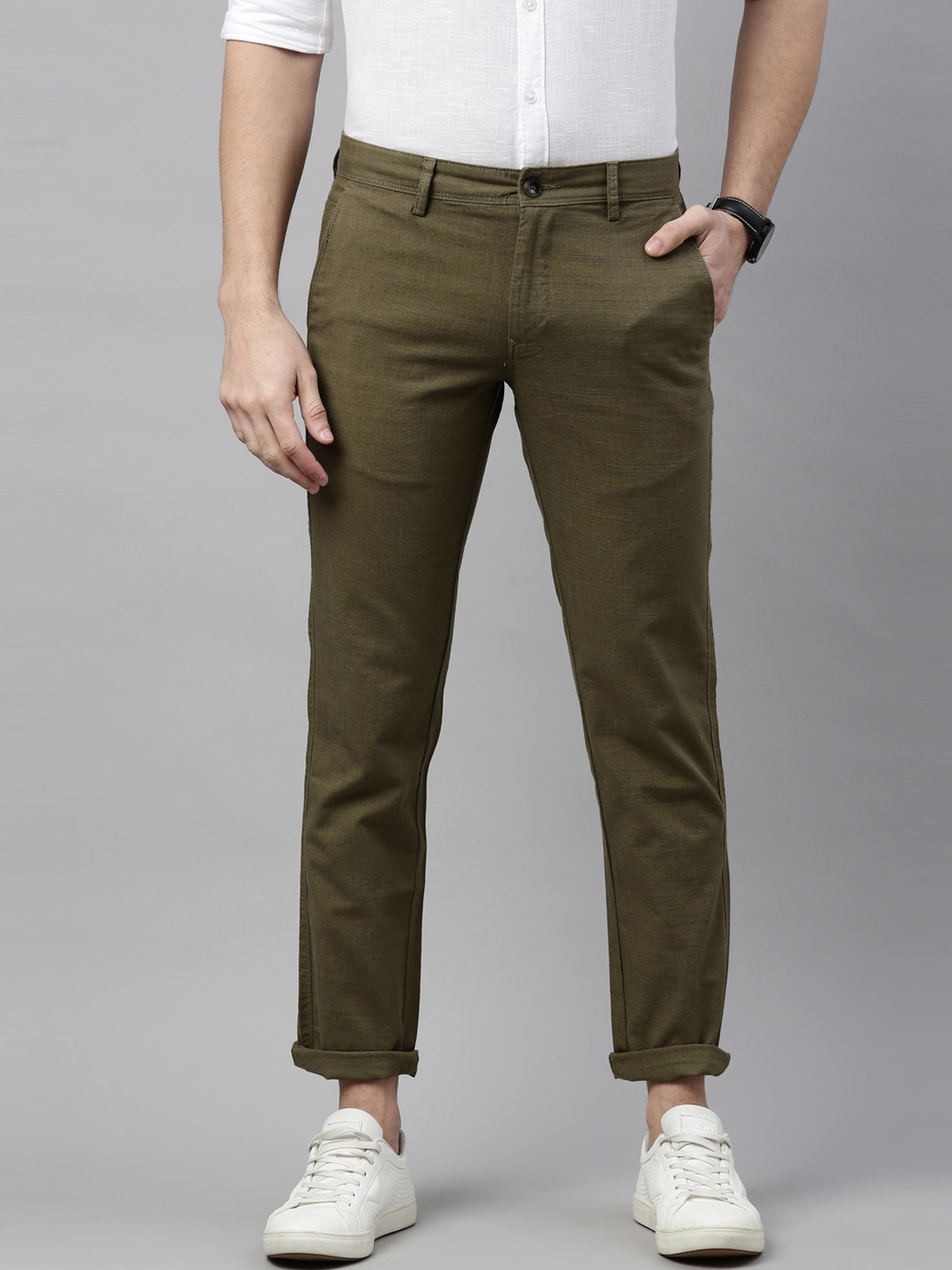 Buy Chennis Men Olive Green Slim Fit Cotton Trousers - Trousers for Men ...