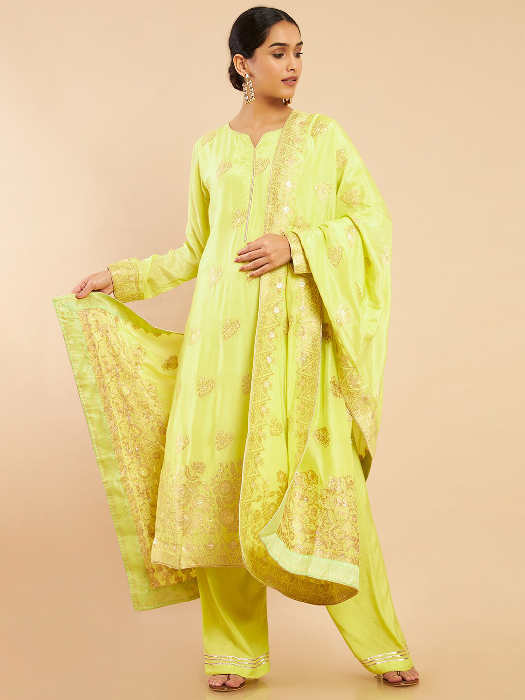 Green - Phulkari Hand Embroidered Crepe Silk 3pc Unstitched Dress Material 16