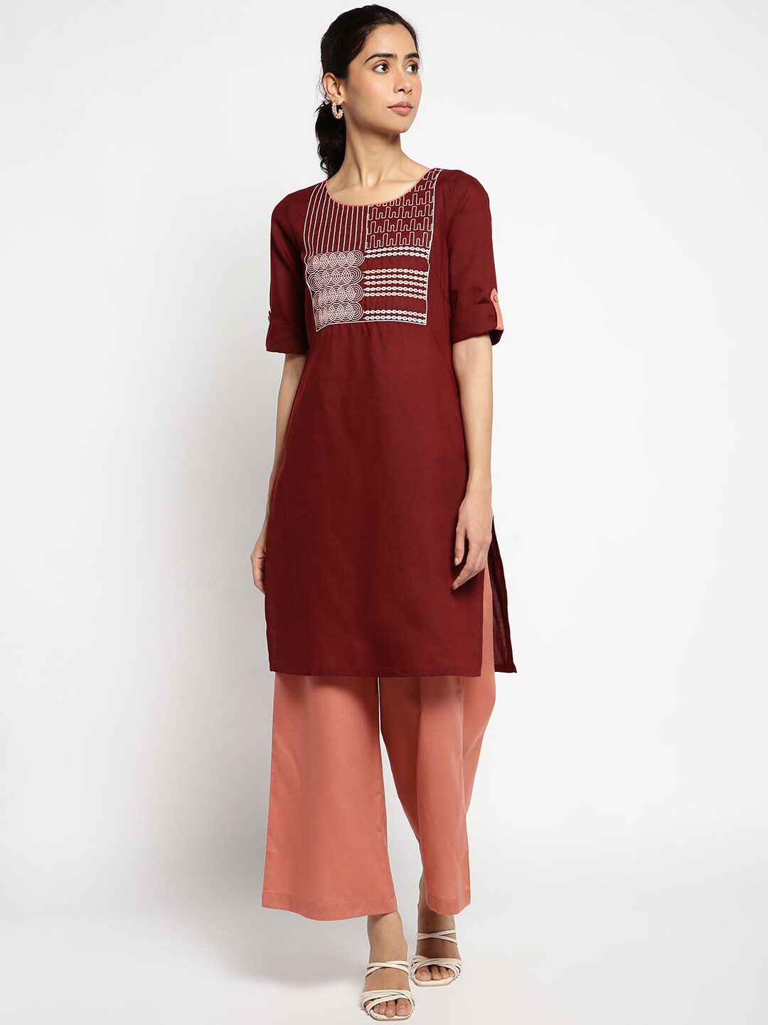 Warm Maroon Acrylic Ethnic Motif Printed Kurta With Jacquard Knitted Design