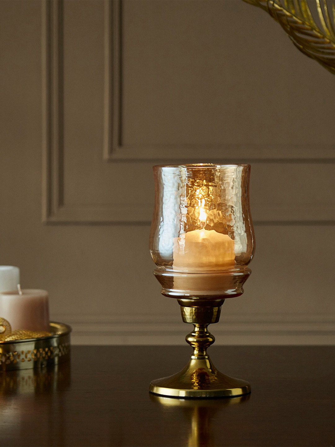 Buy Home Centre Fables Gold Textured Glass And Metal Hurricane Candle