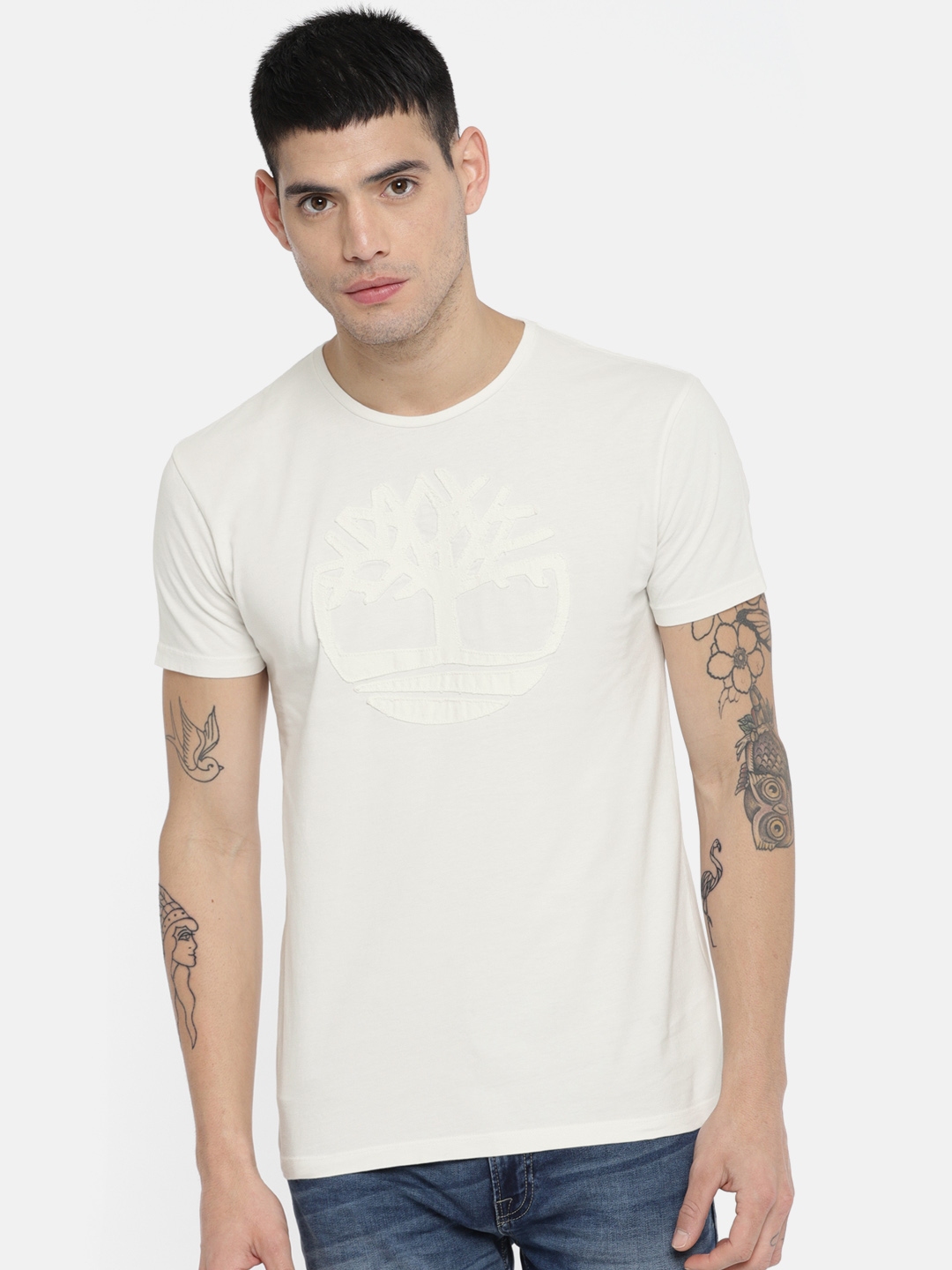 Buy Timberland Men White Self Design Round Neck Pure Cotton T Shirt ...