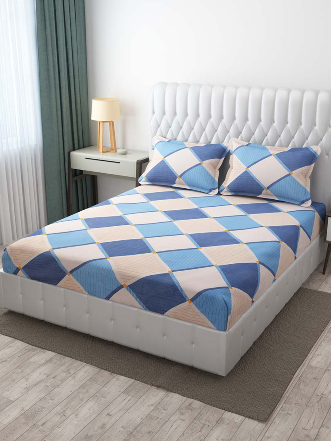 Buy Slushy Mushy White & Blue Geometric 300 TC King Bedsheet With 2
