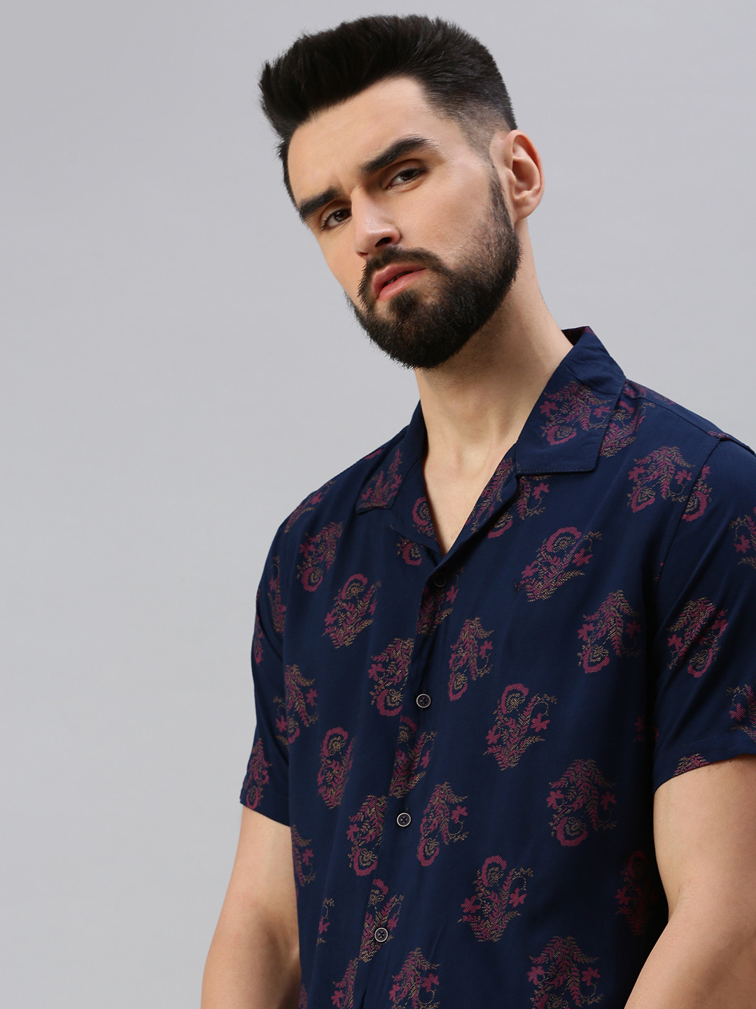 Men's Navy Blue Floral Printed Comfort Slim Fit Cotton Casual Shirt