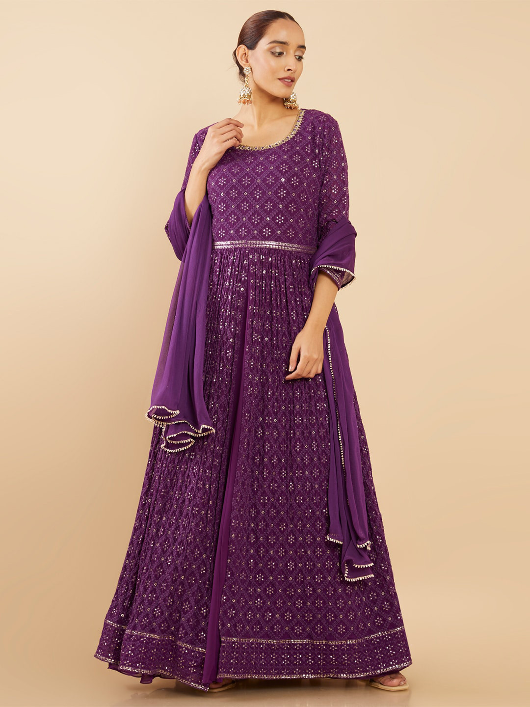 Women Georgette Purple Ornamental Print Kurta Comfort Pant Dupatta main image 1