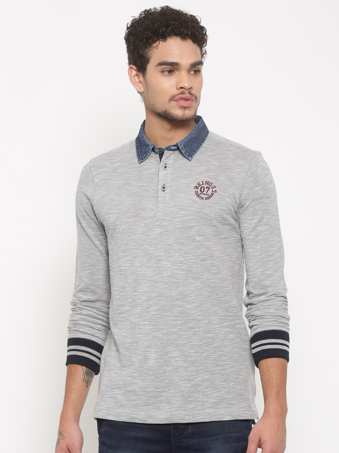 Download Buy Being Human Men Grey Melange Solid Polo T Shirt ...