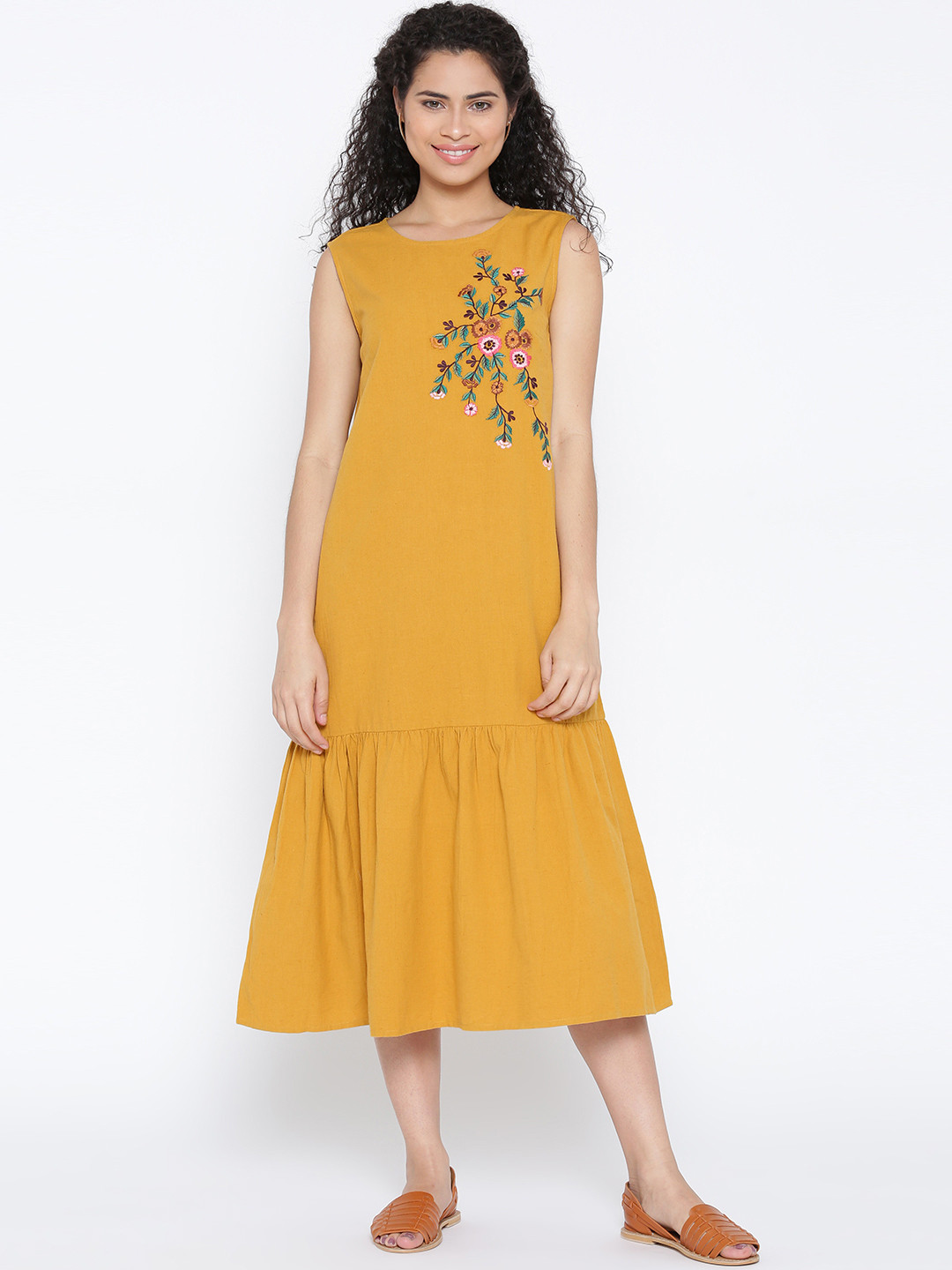Buy Vaak Women Mustard Yellow Embroidered Drop Waist Dress Dresses