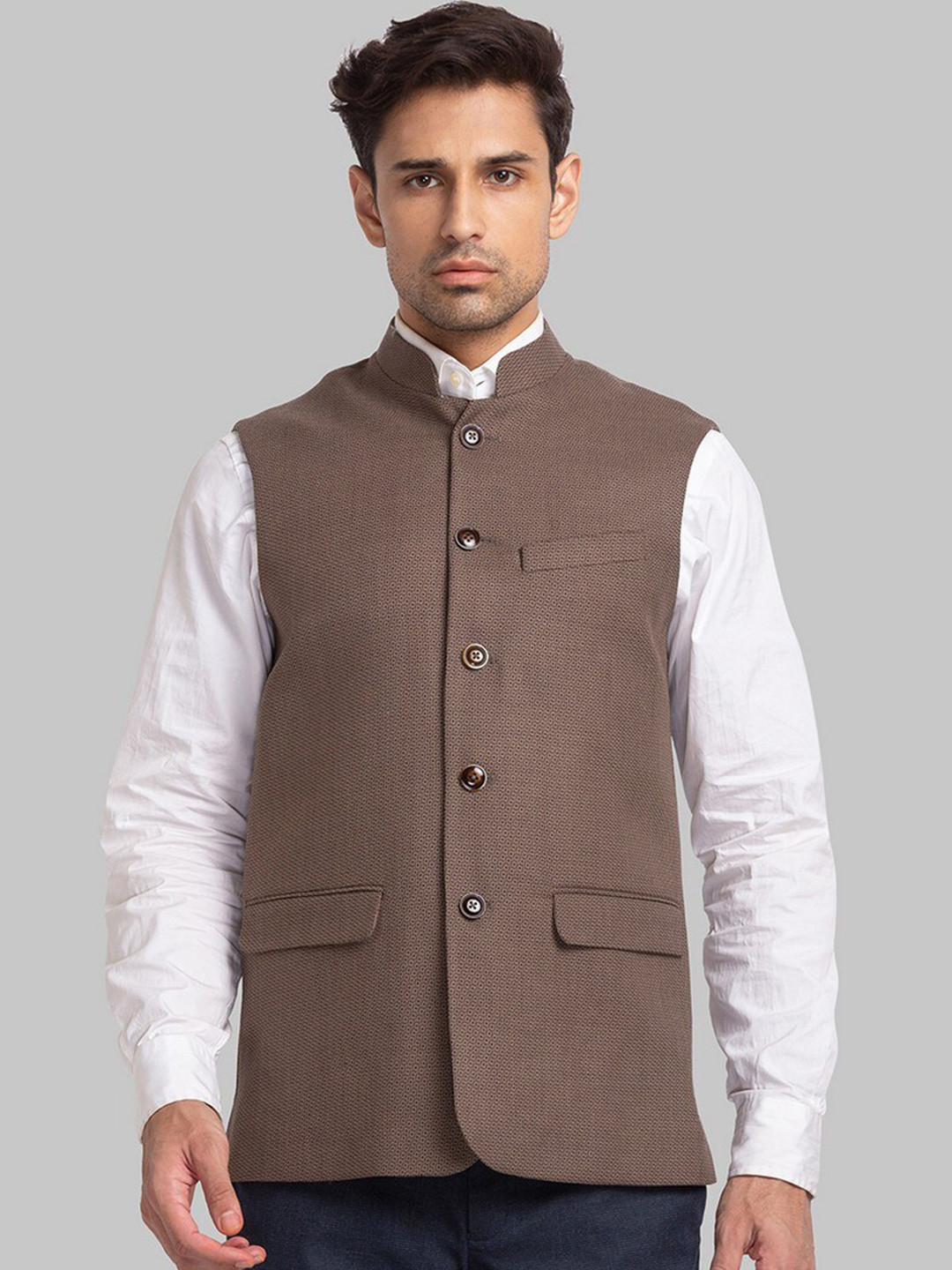 Brown - Slub Silk Men Plain Nehru Jacket 06