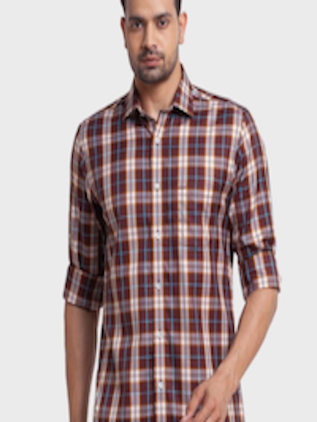Buy ColorPlus Men Brown Tailored Fit Tartan Checks Checked Casual Shirt ...