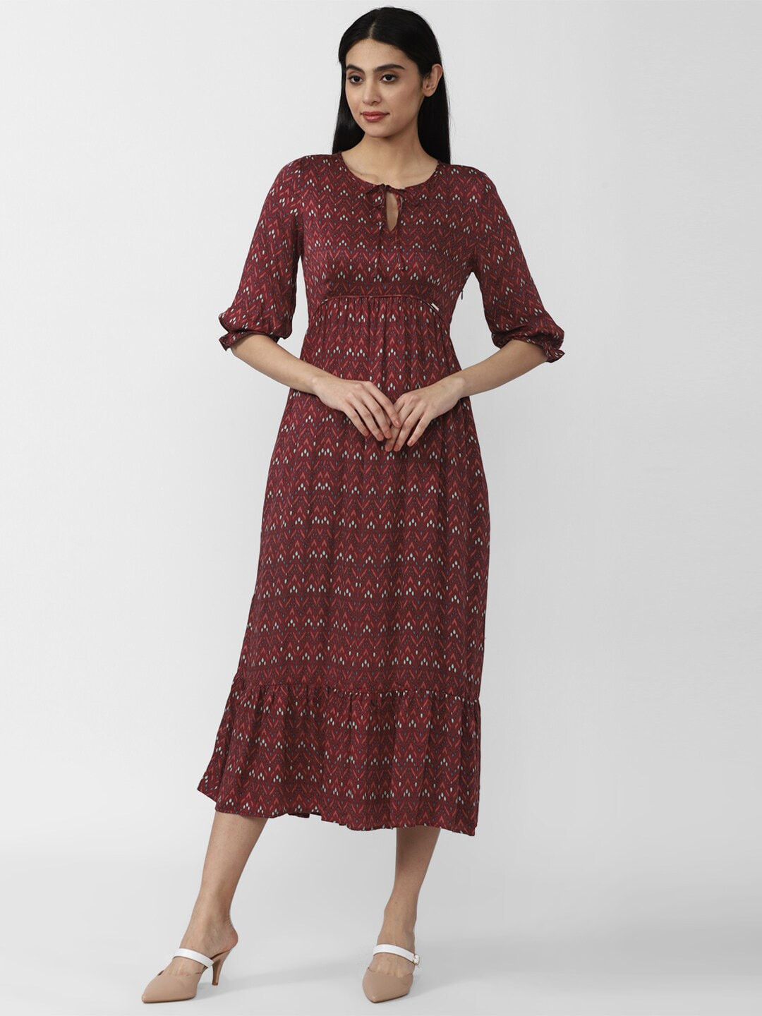 W Red Ethnic Motifs Keyhole Neck Chiffon Ethnic Maxi Dress