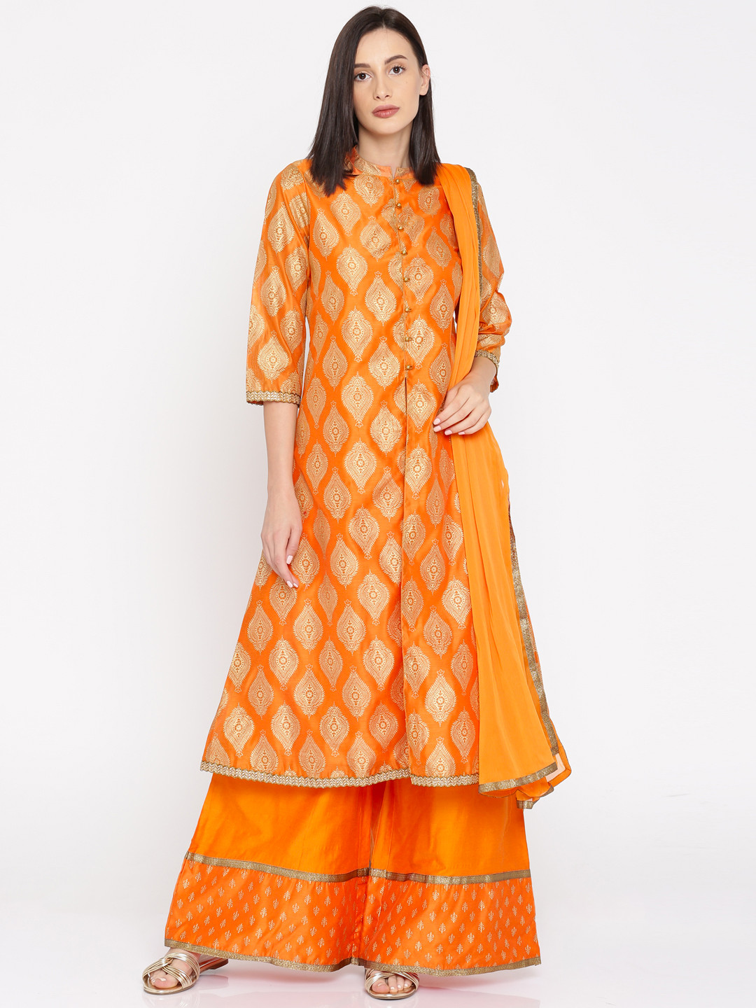 Buy Anouk Women Orange & Gold Toned Printed Kurta With Palazzos & Dupatta - Kurta Sets for Women 