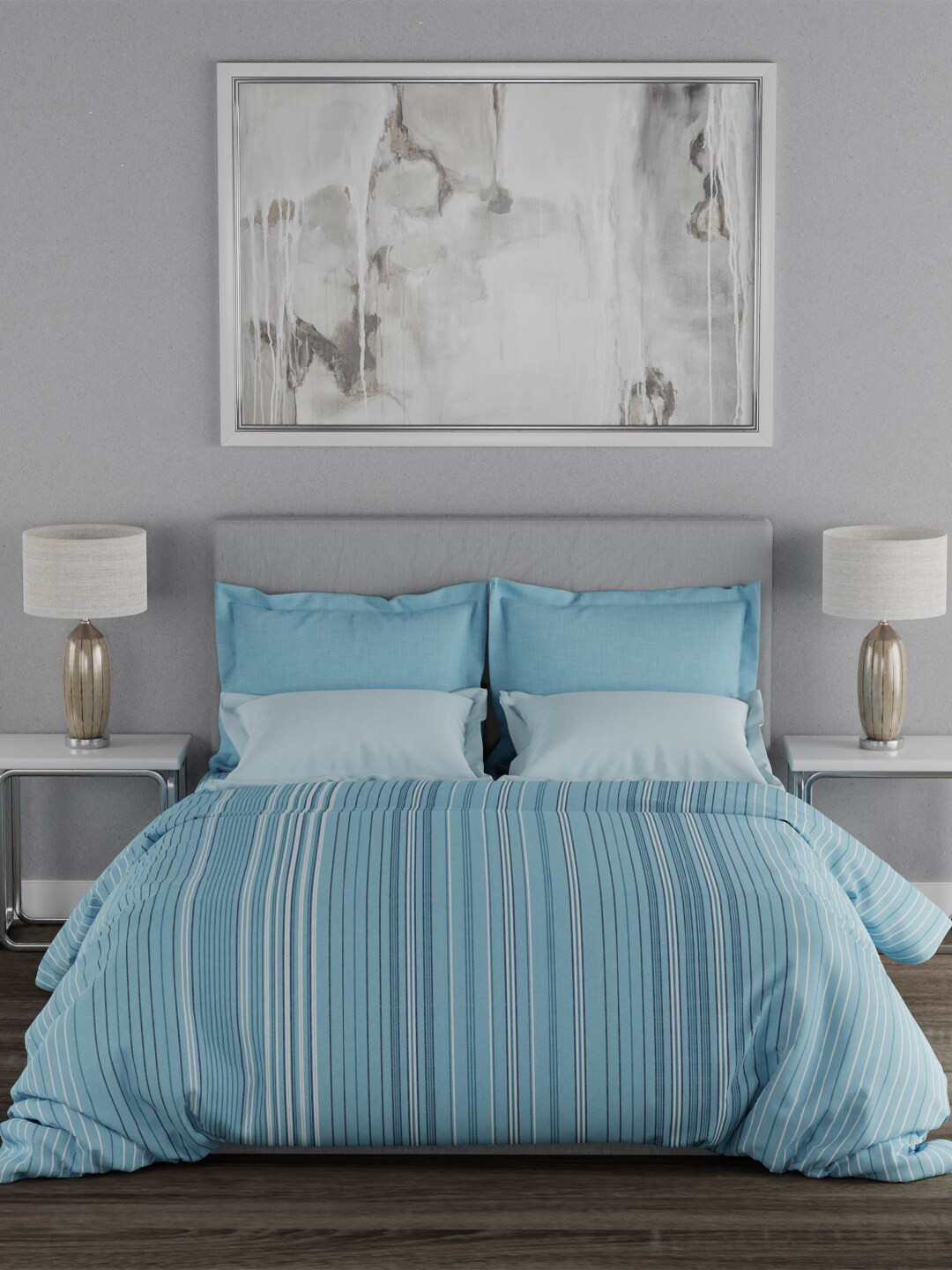 Buy Trident Blue & White Striped 120 TC Queen Cotton Bedsheet With 2