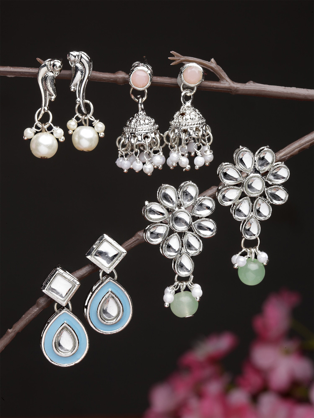 Buy KARATCART Set Of 4 Silver Plated Kundan Classic Drop Earrings