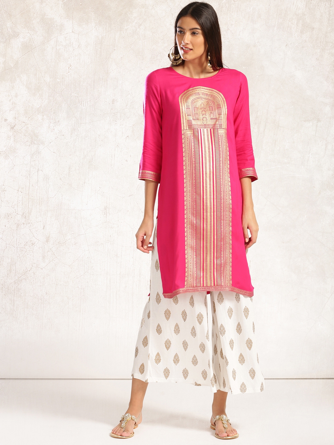 Anouk women pink printed straight kurta