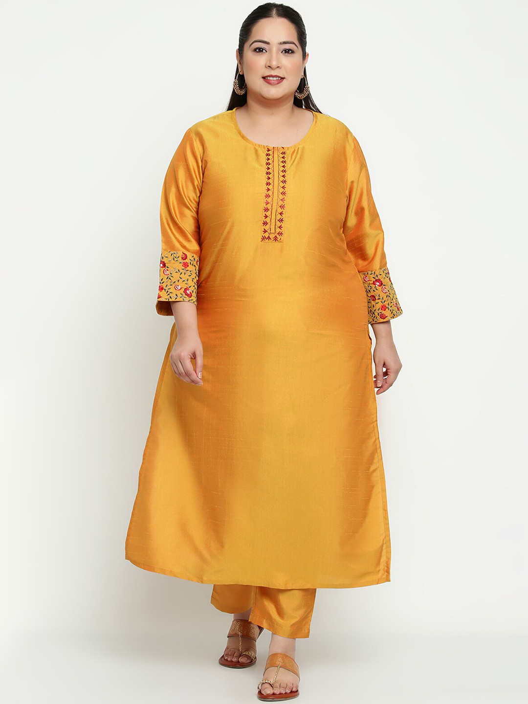 Plus Size Mustard Embroidered Straight Kurta Trousers With Dupatta set