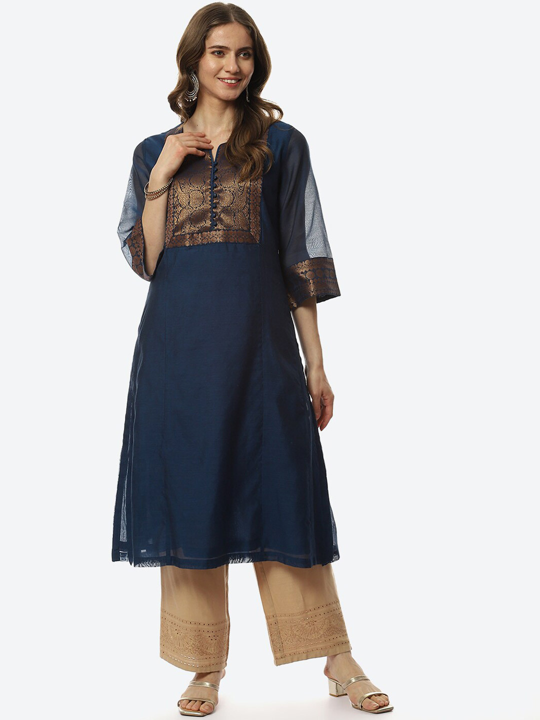 Buy Biba Women Navy Blue & Copper Toned Yoke Design Kurta Kurtas for