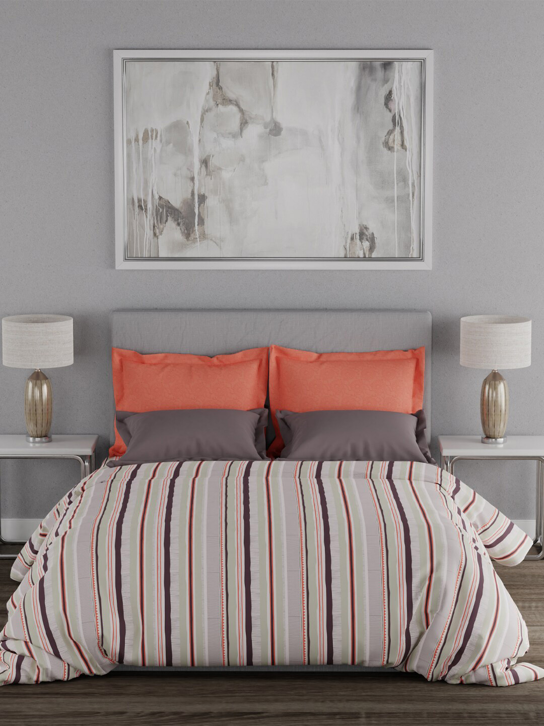 Buy Trident Coral & White Striped 120 TC Queen Cotton Bedsheet With 2