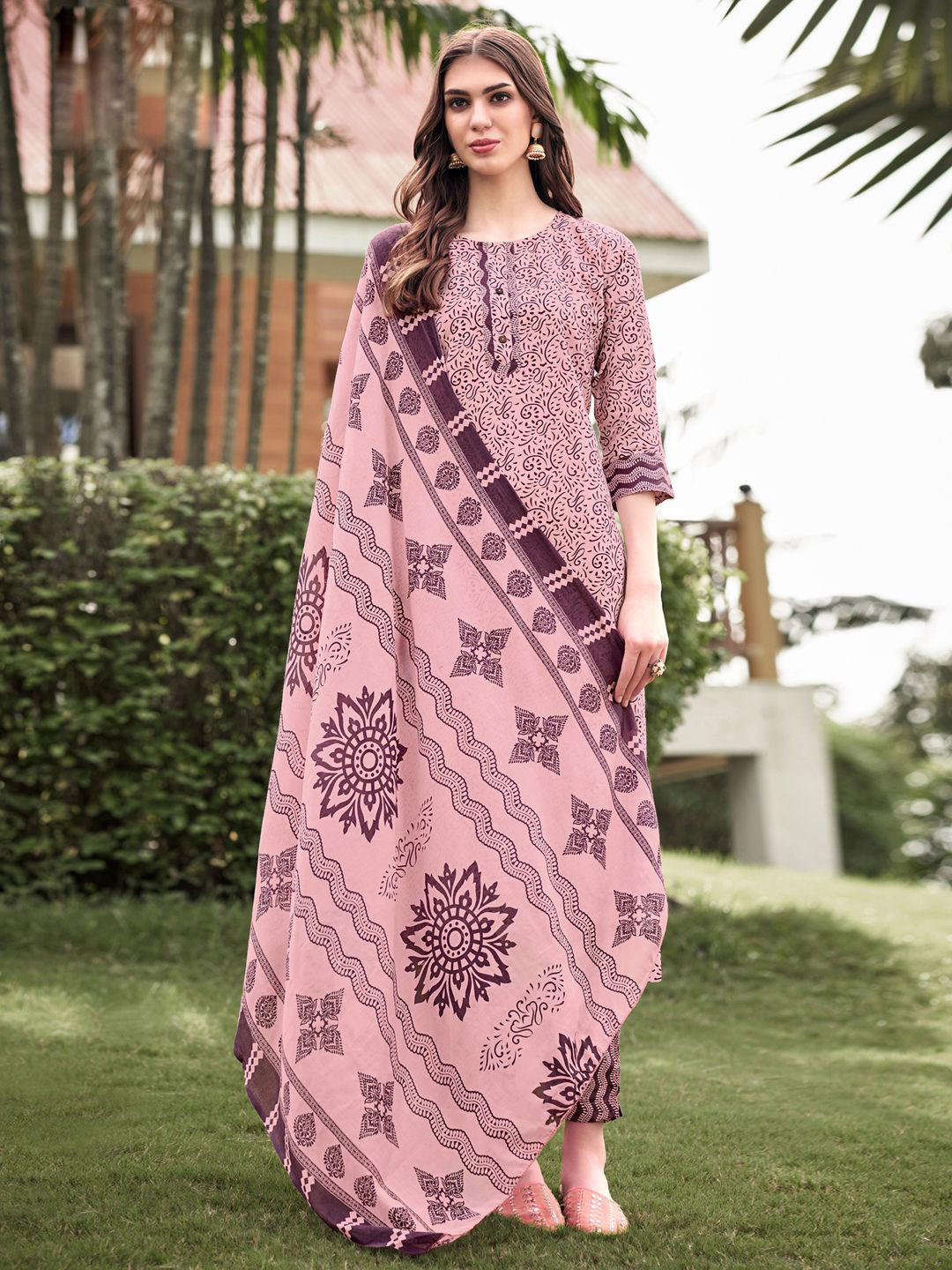 Buy Satrani Women Pink & Burgundy Printed Unstitched Dress Material