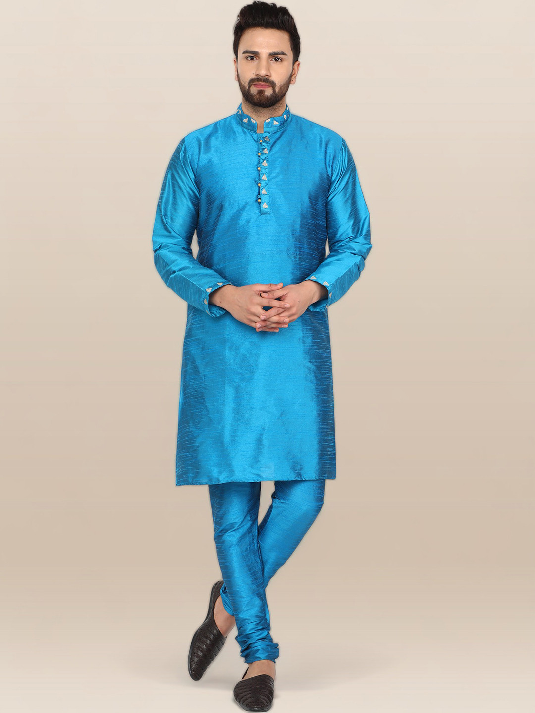Men Turquoise Blue Embroidered Kurta Only