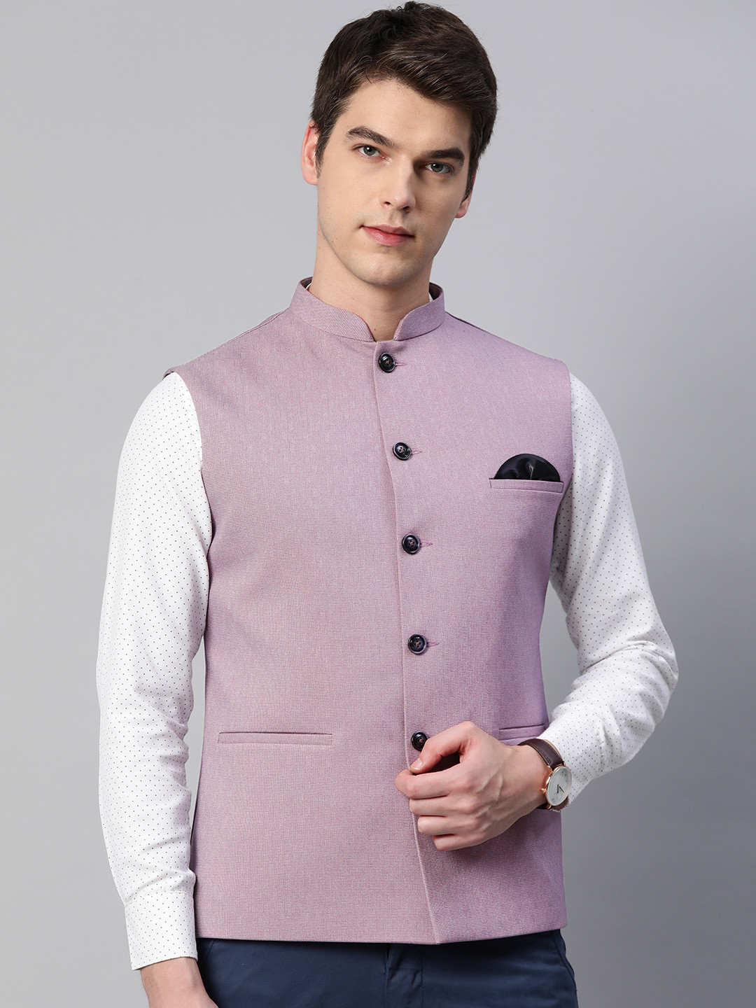 Purple - Plain Cotton Mandarin Collar Nehru Jacket for Men 06