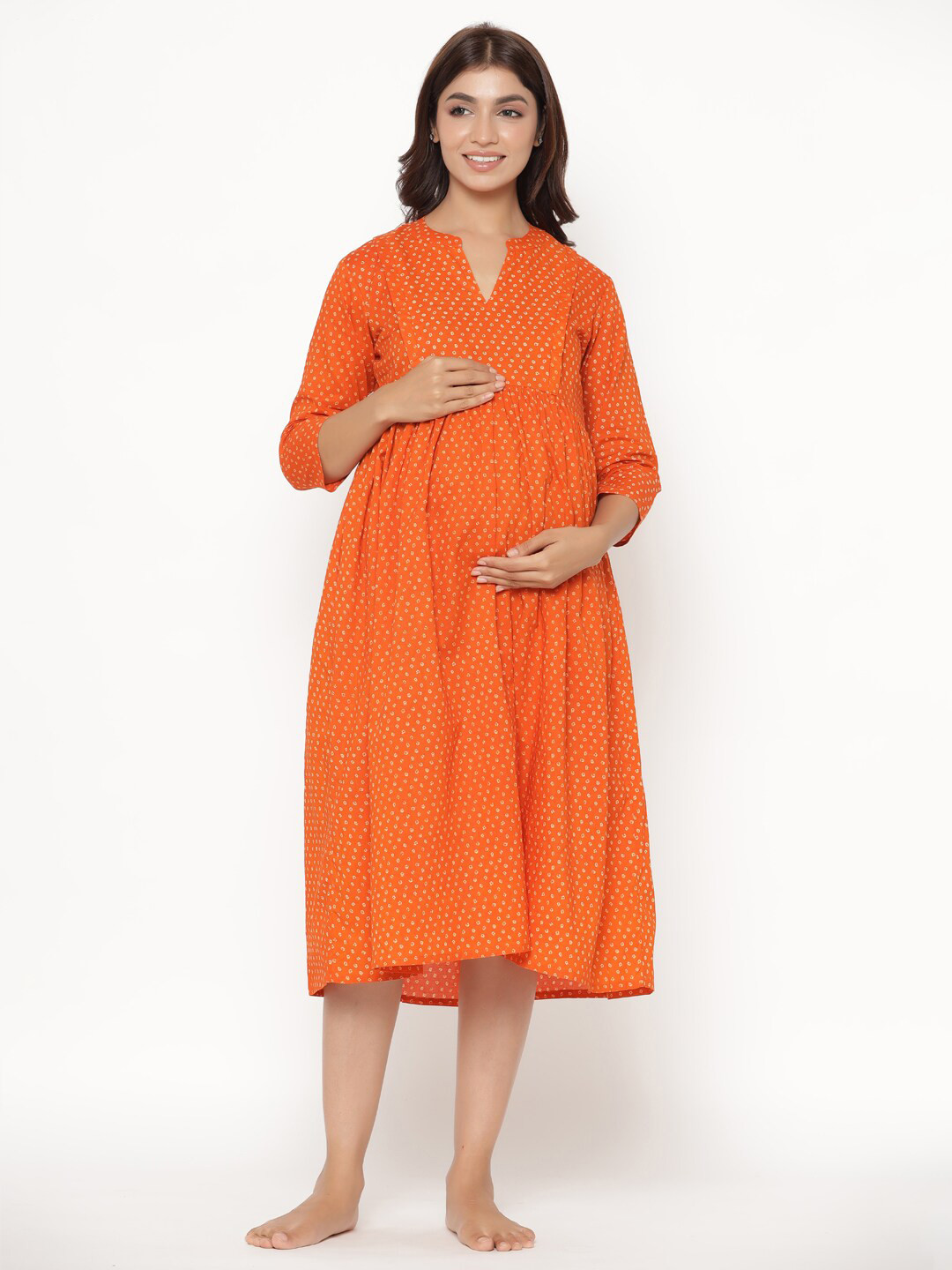 Buy CRAFIQA Orange Printed Maternity & Nursing Cotton A Line Midi Dress