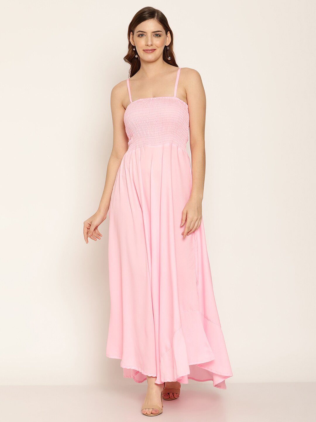 Buy Aawari Women Pink Solid Shoulder Strap Maxi Dress Dresses for