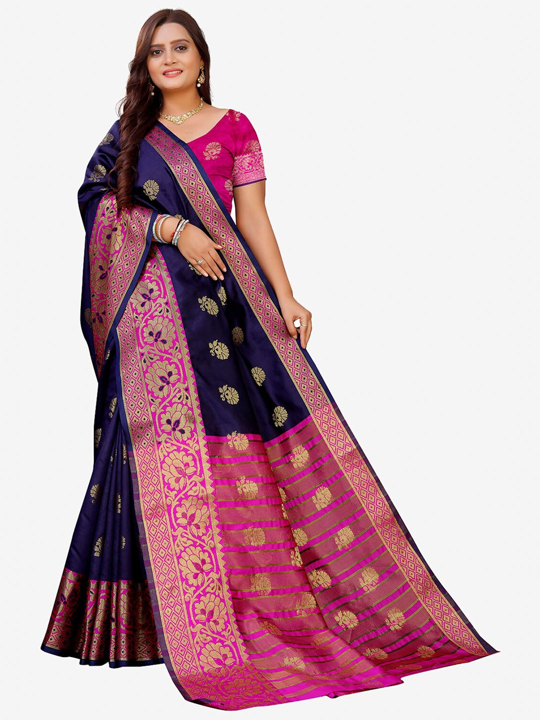 Buy Indian Fashionista Navy Blue And Pink Woven Design Zari Art Silk Banarasi Saree Sarees For