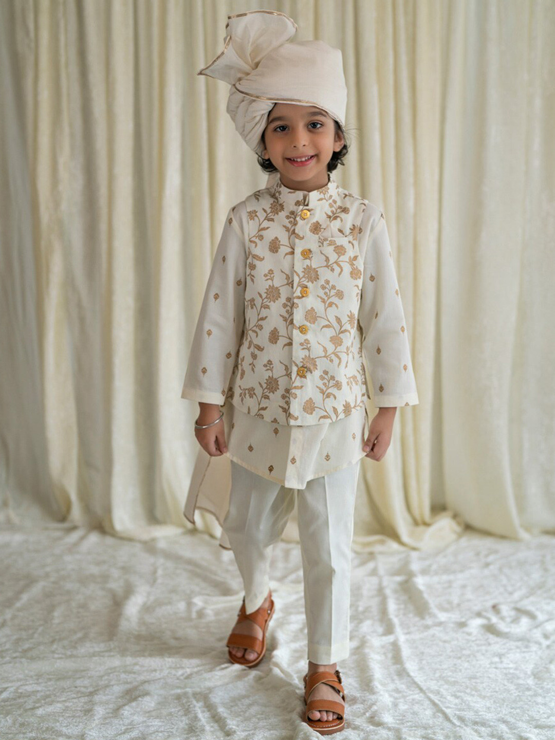 Nautinati Boys Pure Cotton Kurta With Pyjamas Nehru Jacket