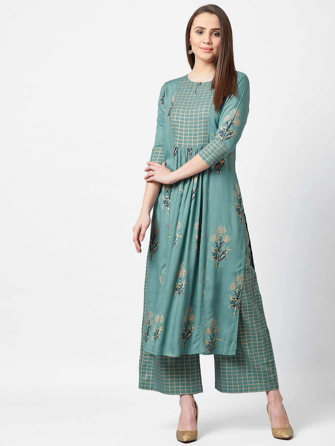 Teal Floral Printed Georgette Silk Kurta Pants Set