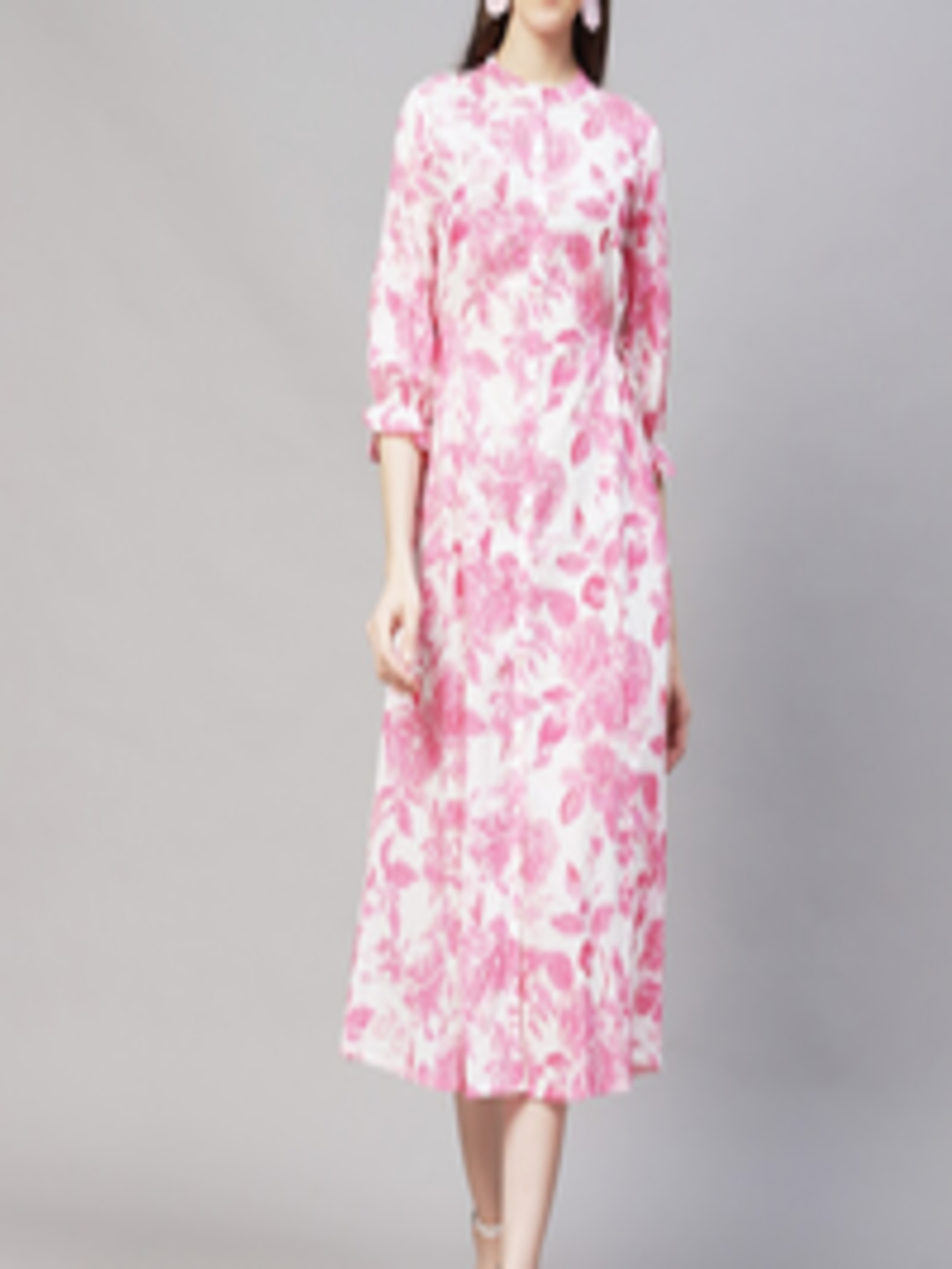 Buy FASHOR Women Off White & Pink Floral Cotton A Line Midi Dress ...