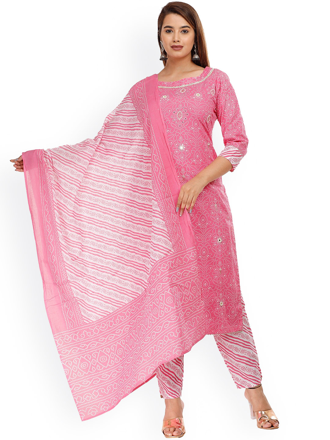 Bandhani Print Mirror Embellished Kurta Set with Embroidered Plazzo & Ombre Dupatta