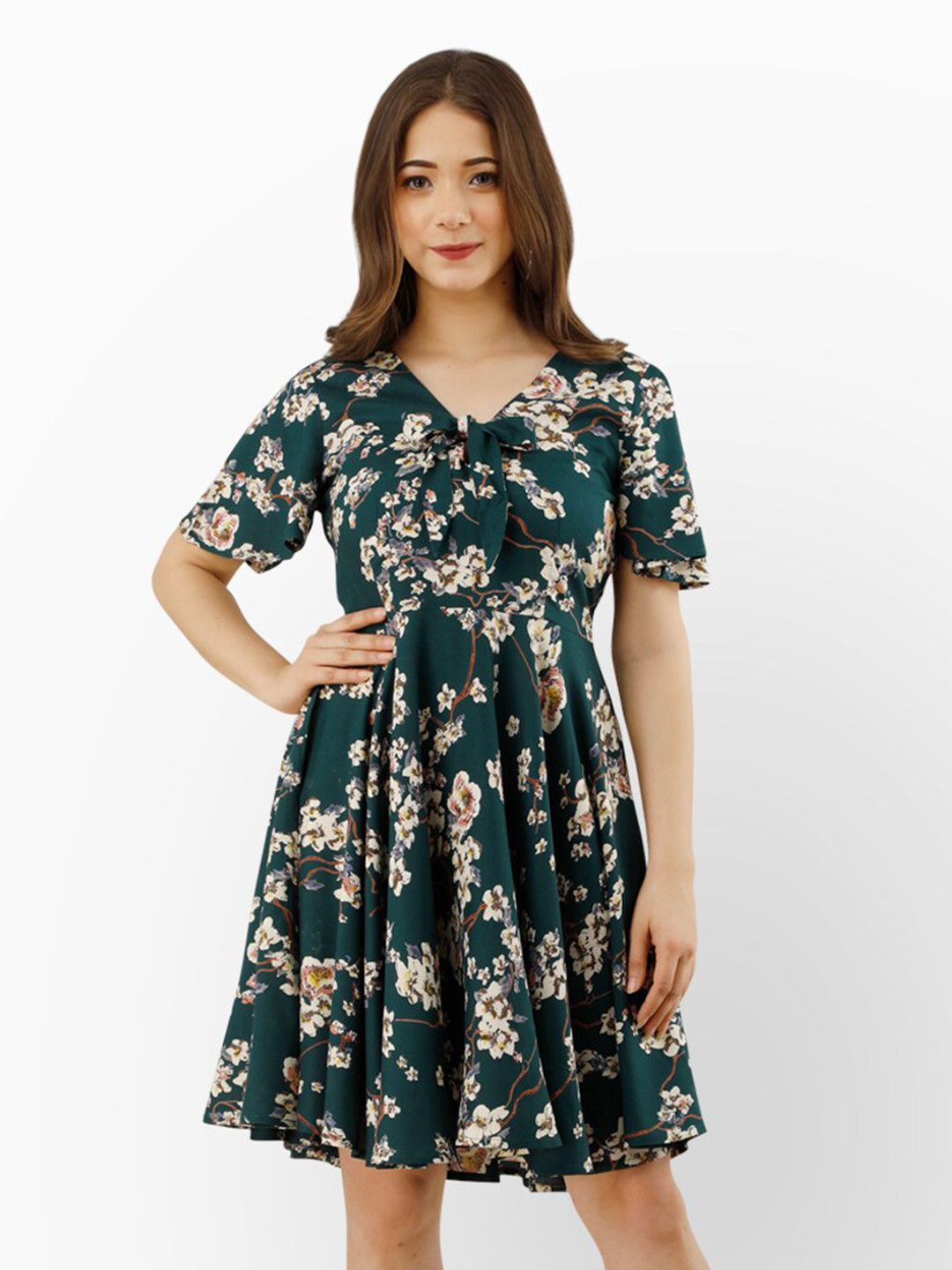 Women's Green Floral Tie-Up Neck A-Line Dress