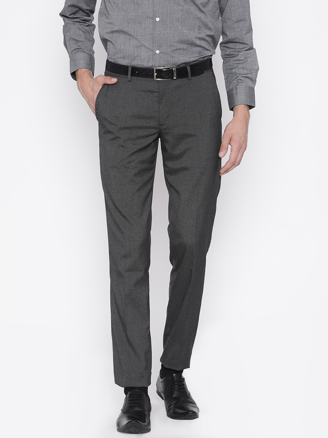 Buy John Players Men Charcoal Grey Slim Fit Solid Formal Trousers ...