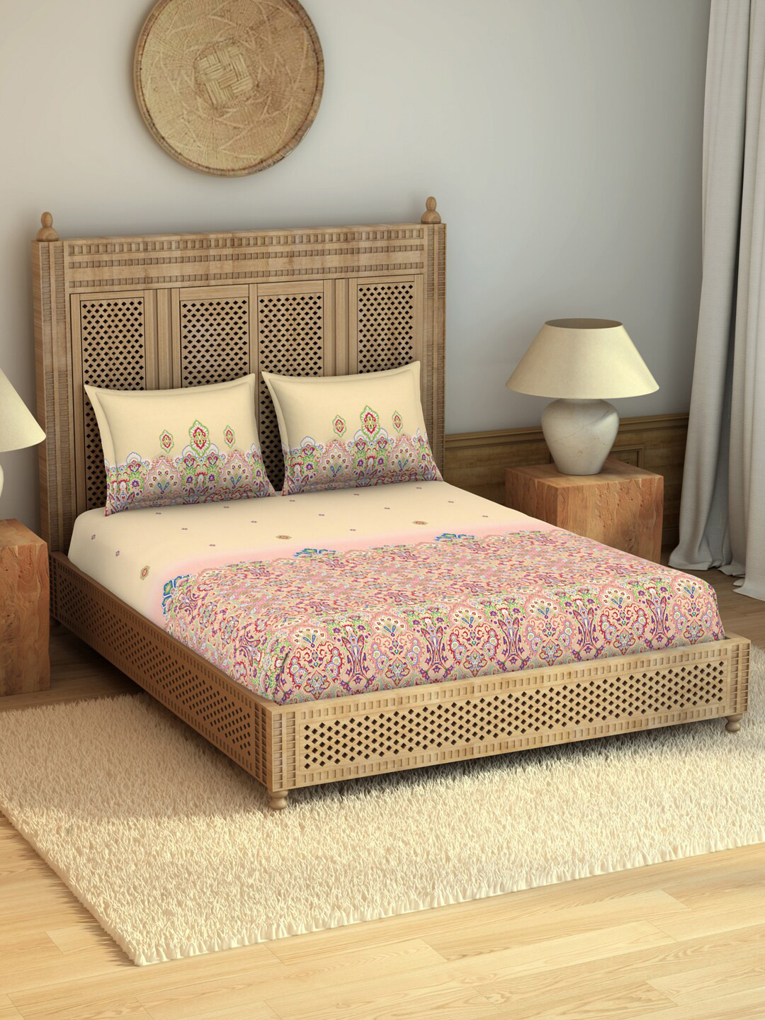 Buy SPACES Beige & Red Floral 210 TC King Bedsheet With 2 Pillow Cotton