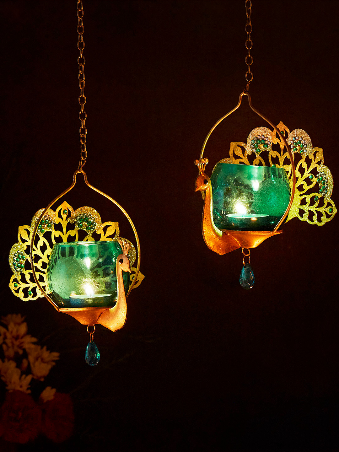 Buy Home Centre Set Of 2 Mayur Zahi Peacock Hanging Votive Holder
