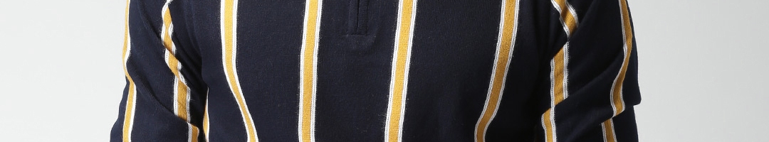 Buy Harvard Men Navy Blue & Mustard Yellow Striped Pullover - Sweaters ...
