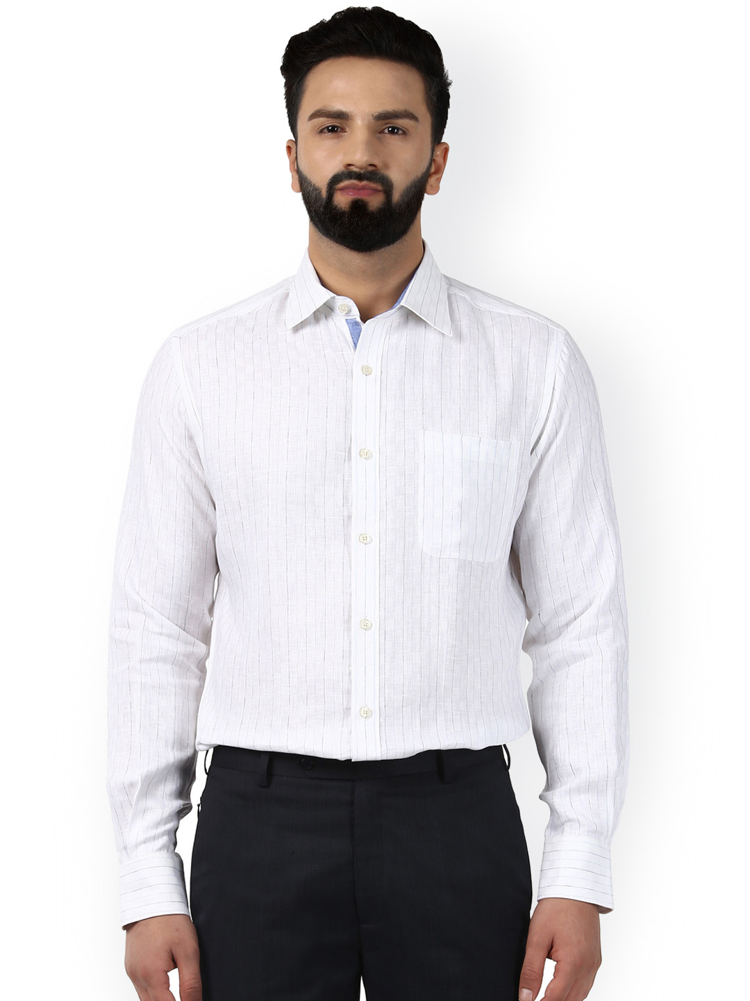 Buy Raymond Men White Smart Slim Fit Striped Linen Formal Shirt