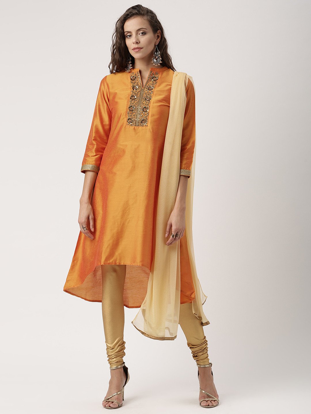 Women Mustard Yellow & Golden Printed Kurta With Trousers & Dupatta