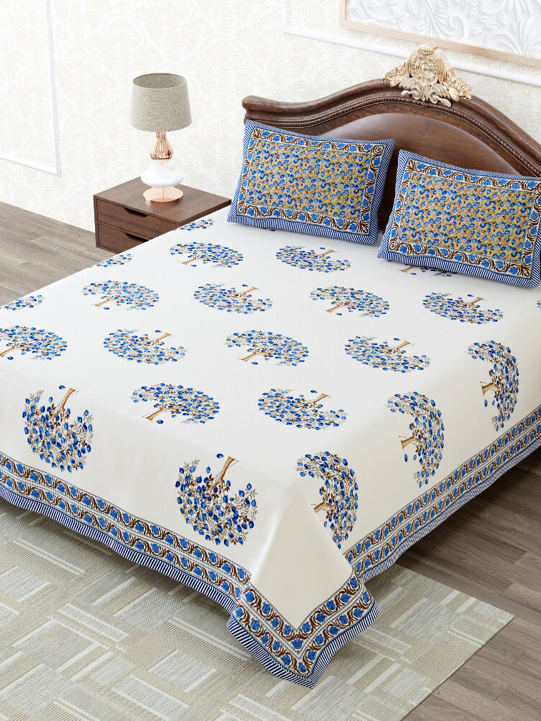 Buy MAFATLAL Blue & White Floral 210 TC King Bedsheet With 2 Pillow